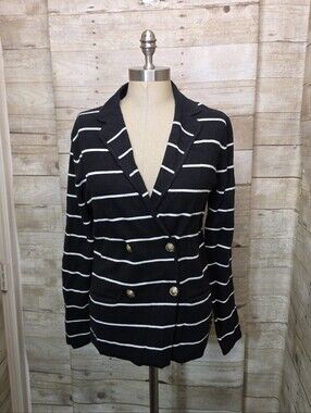 Anne Klein Black & White Striped Double-Breasted Women's Knit Blazer